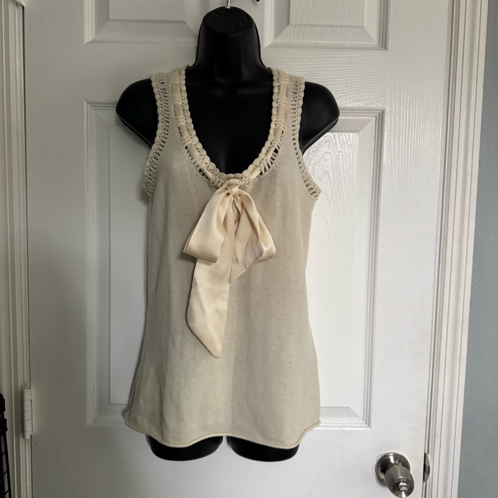 Tory Burch Cashmere Cream Tank Top with Silk Bow Accent - size S